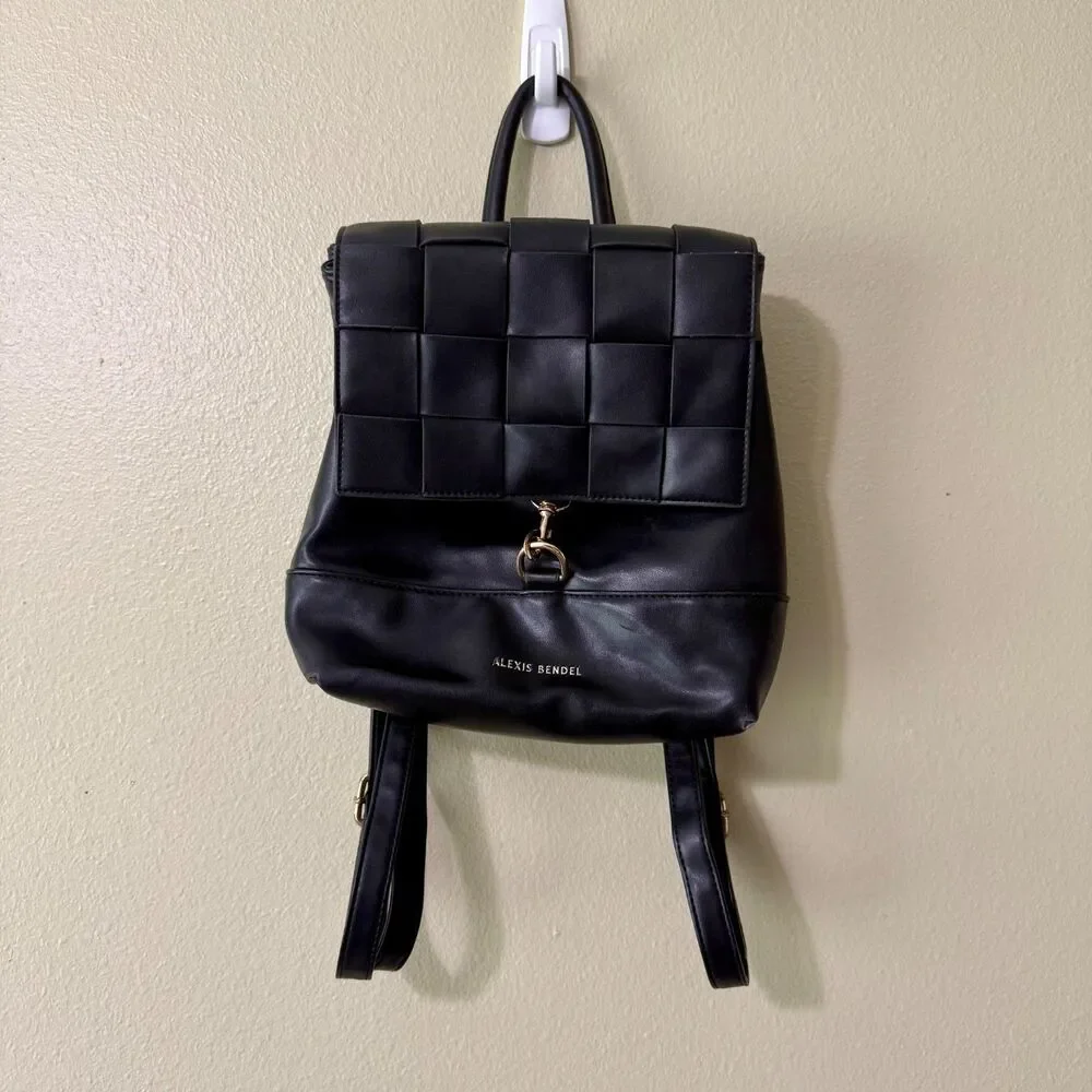 Alexis Bendel Black Woven Flap Backpack Mini Faux Leather Striped Lining Gold HW